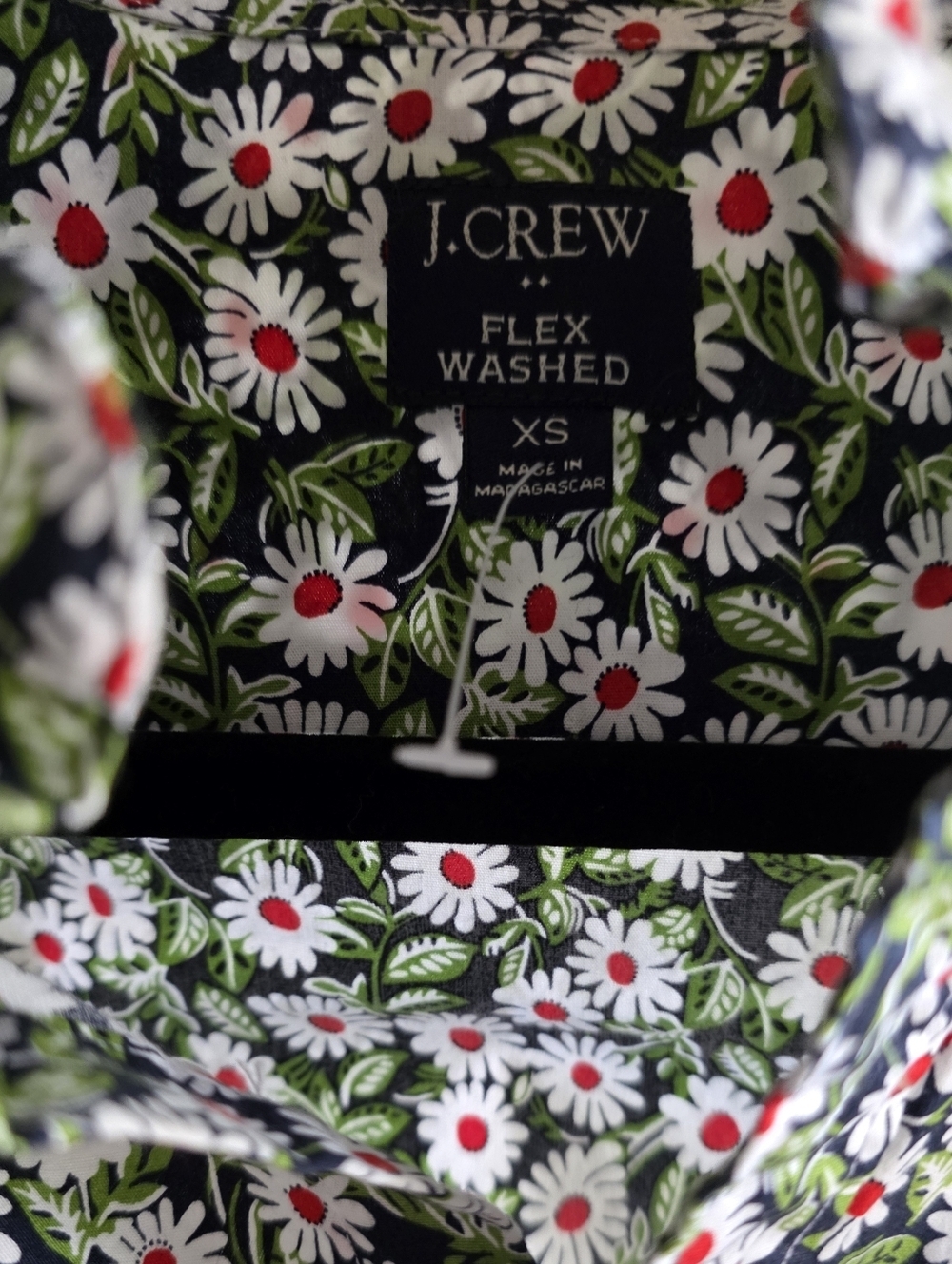 J. Crew Black Short-Sleeve Button-Up with White Daisies and Red Centers - Picture 2 of 3